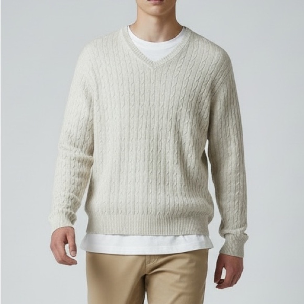 Arrow Men's Cream Beige Cotton Cashmere Cable Knit V-Neck Sweater Size Large
